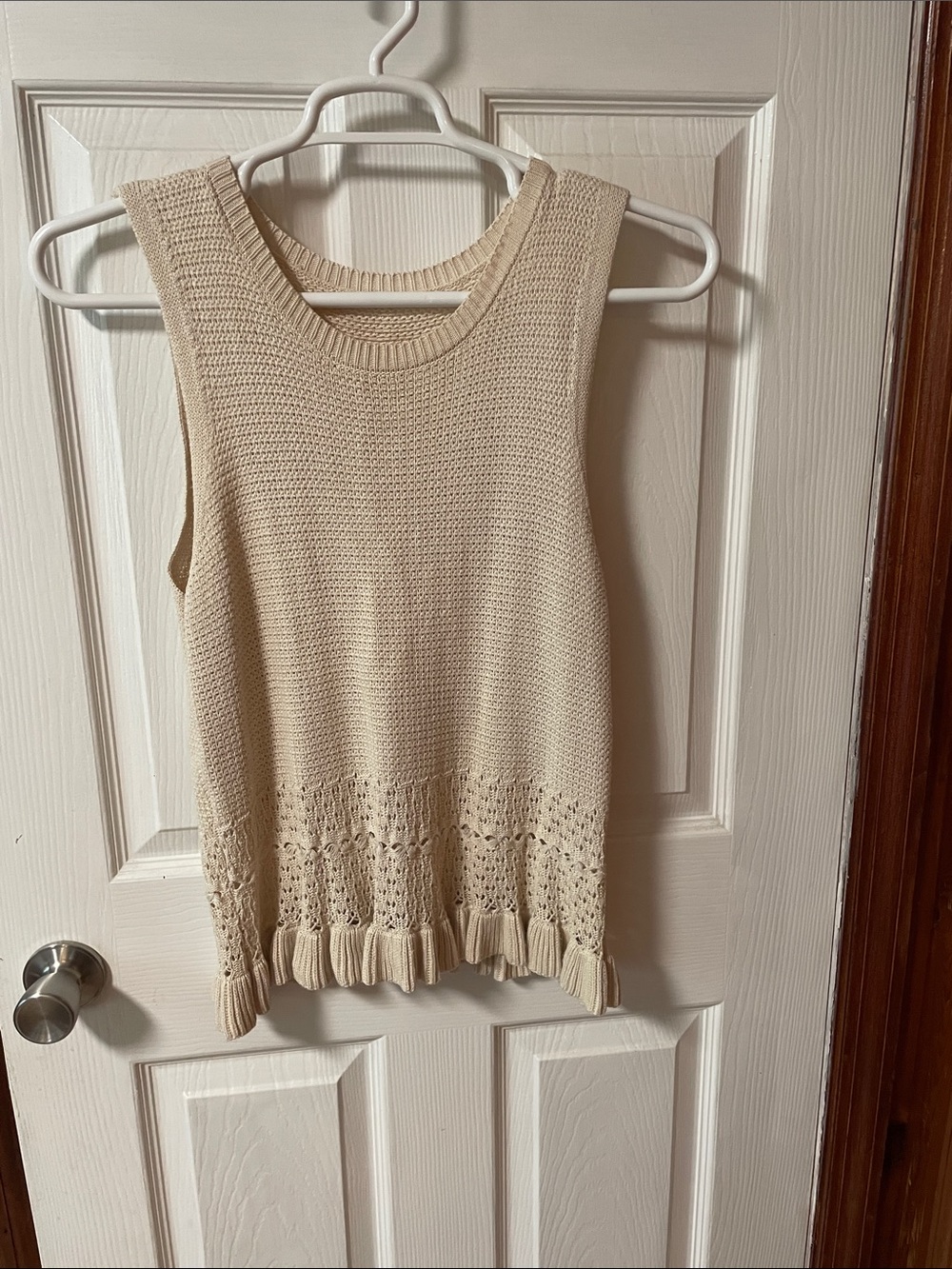 Sleeveless Cream Crochet-Hem Knit Tank
